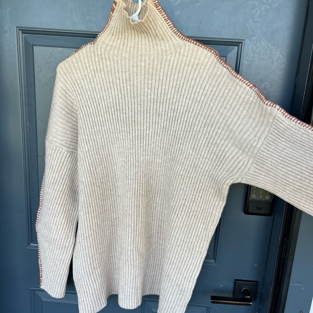 Listicle Cream Ribbed Turtleneck Sweater with Brown Edge Trim